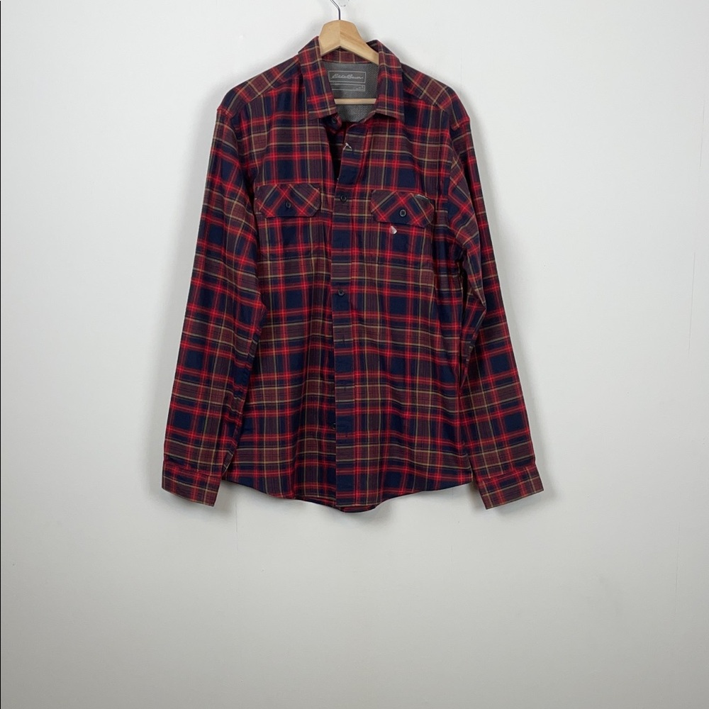 Eddie Bauer Excavation Flannel Button Down Men's LT Red Plaid 2 Pocket Shirt NWT